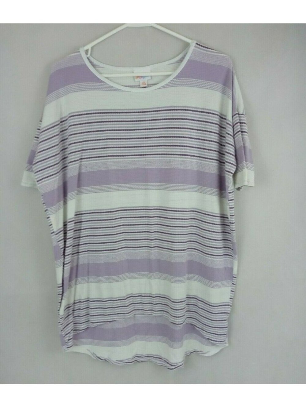 LuLaRoe Irma Tunic Purple & White Striped Textures Shirt Size XS